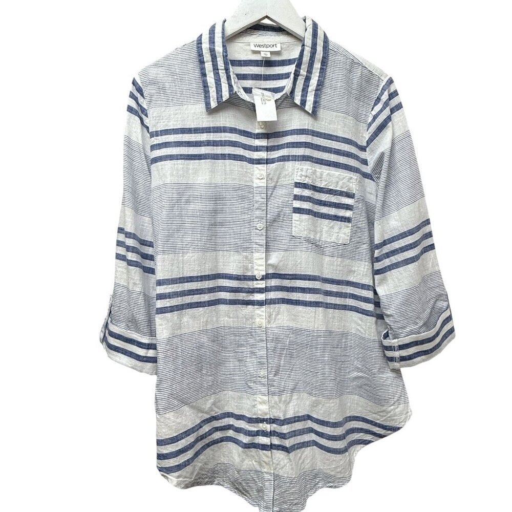 NEW Westport Blue Stripe Top XL Cotton Button Up Roll Sleeve Casual Dressbarn